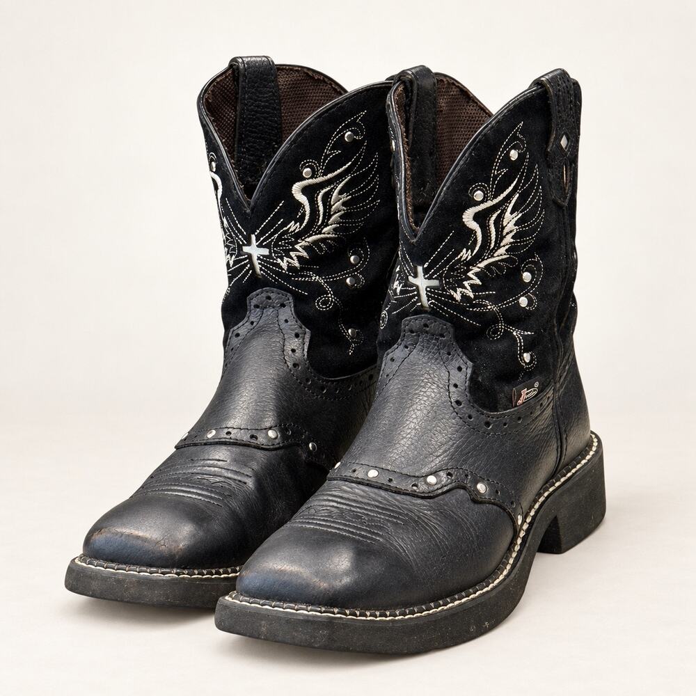 Justin Gypsy Mandra Black Western Boots Square Toe Wings Cross Studded Size 8B